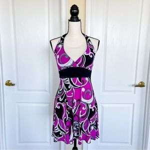 Purple Black White Swirl Pattern Plunging Neckline Tie Neck Waist & Back Dress